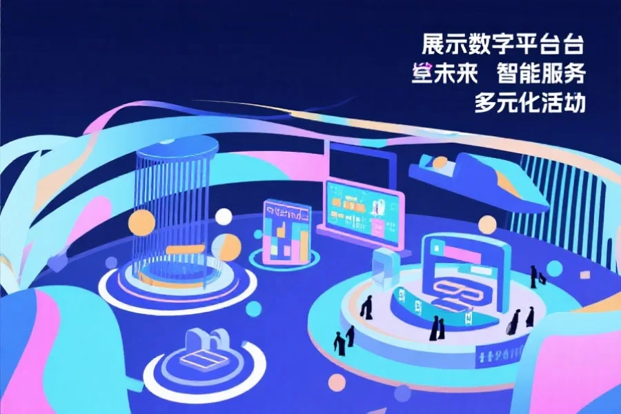 抽象风格展示数字娱乐平台的未来发展，智能化服务与多元化活动场景